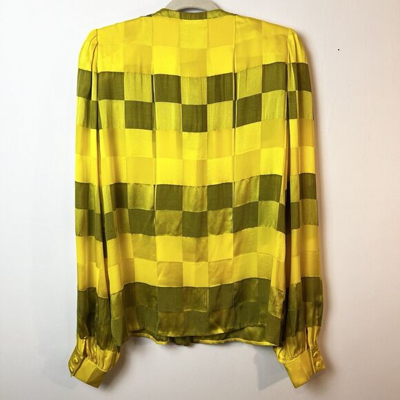 Andre’ Laug Silk Top Green Yellow Checkered Bow Vintage Women’s Sz 8 - Picture 5 of 11